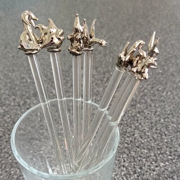 7 Cocktail Stir Sticks Swizzle Sticks Glass with Silvered Glass Animal Heads - Picture 1 of 11